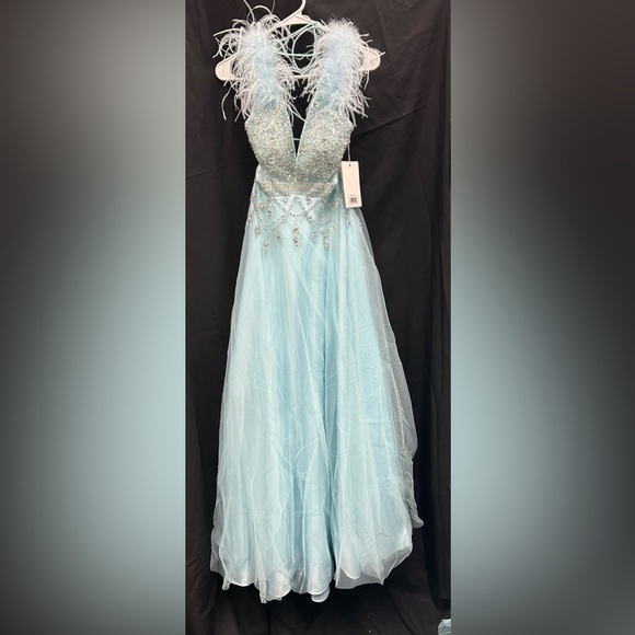 Mac Duggal 11796 NWT Elegant Light Blue Gown with Feather Details *Sample Dress - Picture 1 of 4